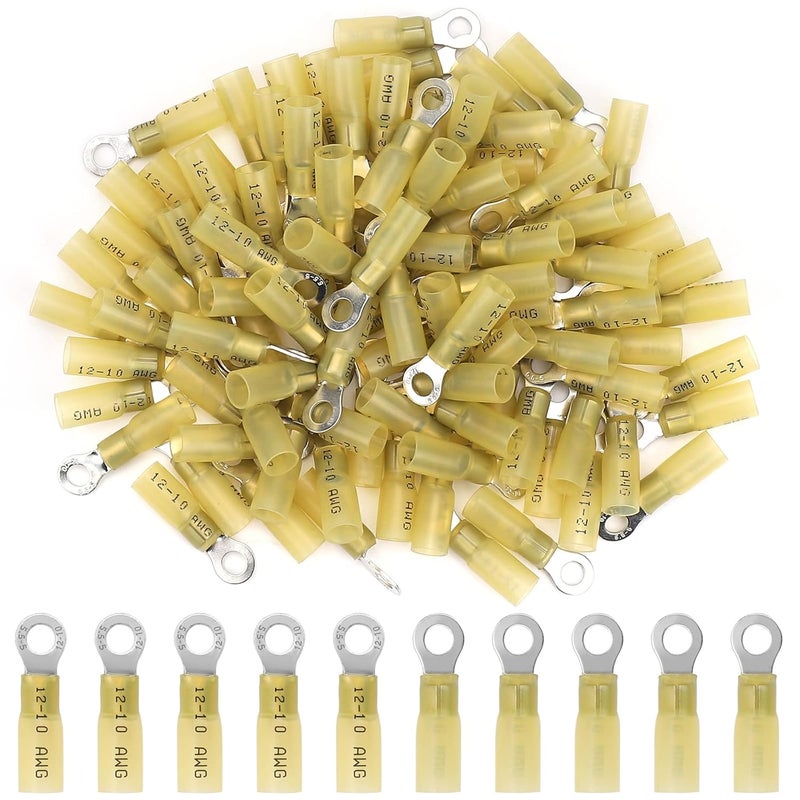 PRECIHW Heat Shrink Ring Terminals #10 AWG 12-10, 100 PCS Insulated Electrical Connectors, Eyelet Wire Connectors, Marine Grade Ring Terminals for Automotive, Audio - Image 1